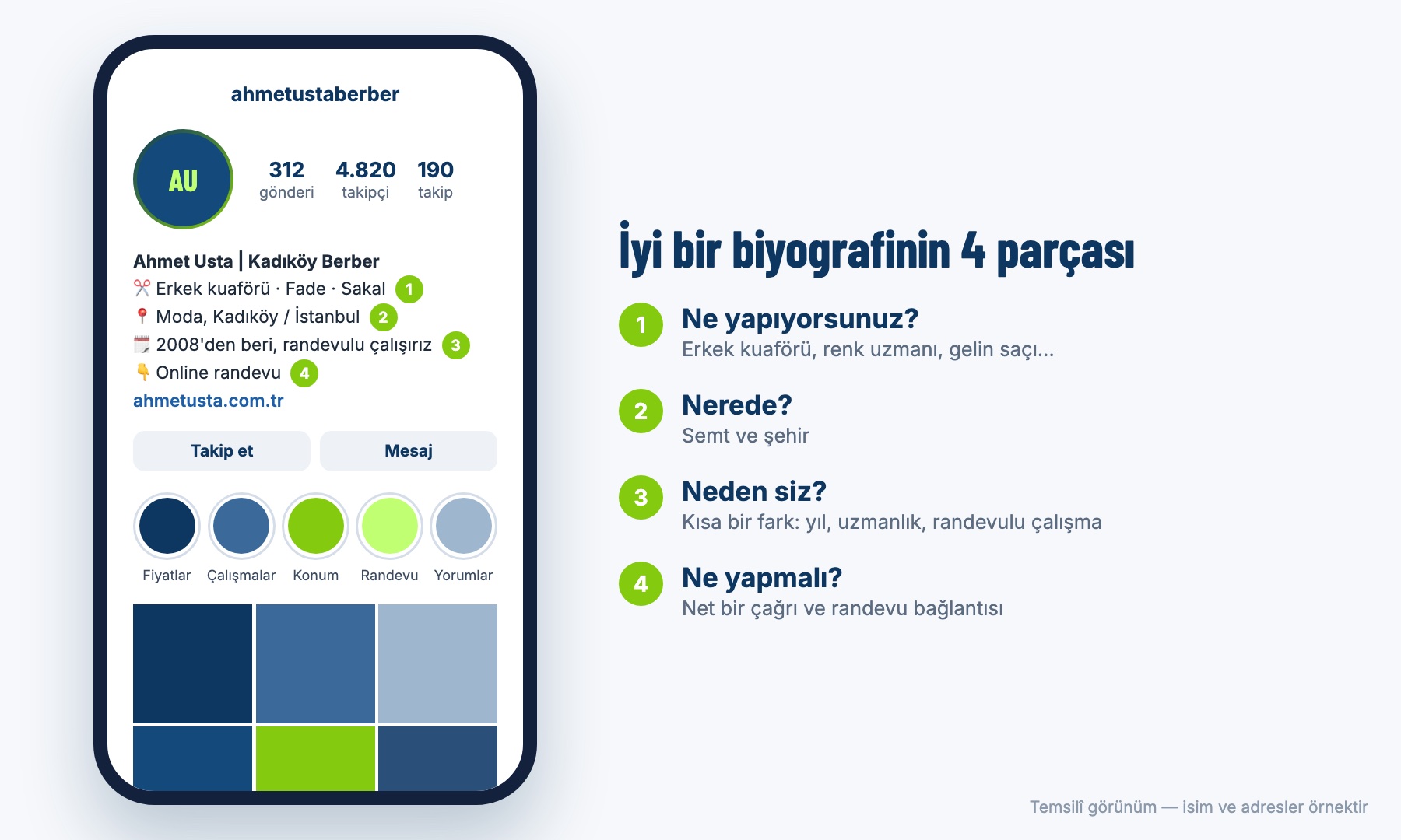 Biyografinin dört parçası bir profil örneğinde (temsilî görünüm)