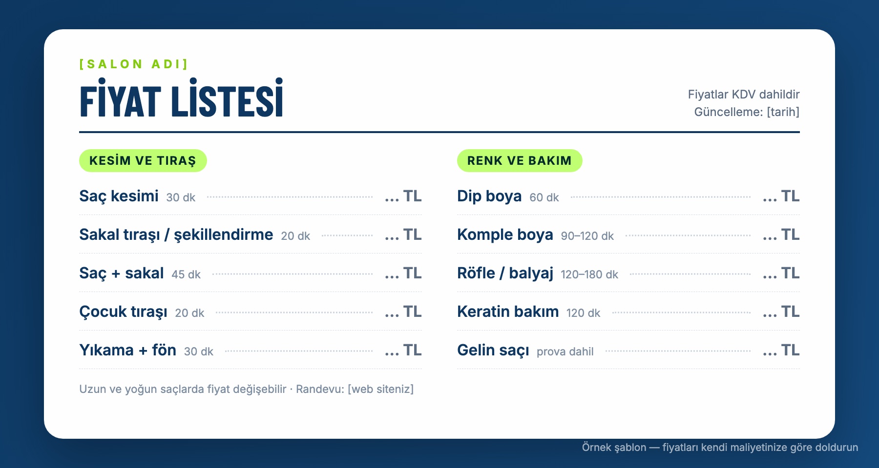 Örnek fiyat listesi panosu: hizmet, süre ve fiyat