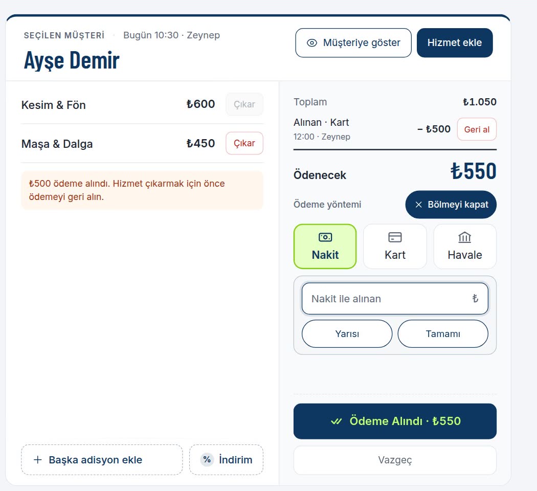 Adisyon: alınan kart ödemesi, kalan tutar ve bölerek ödeme