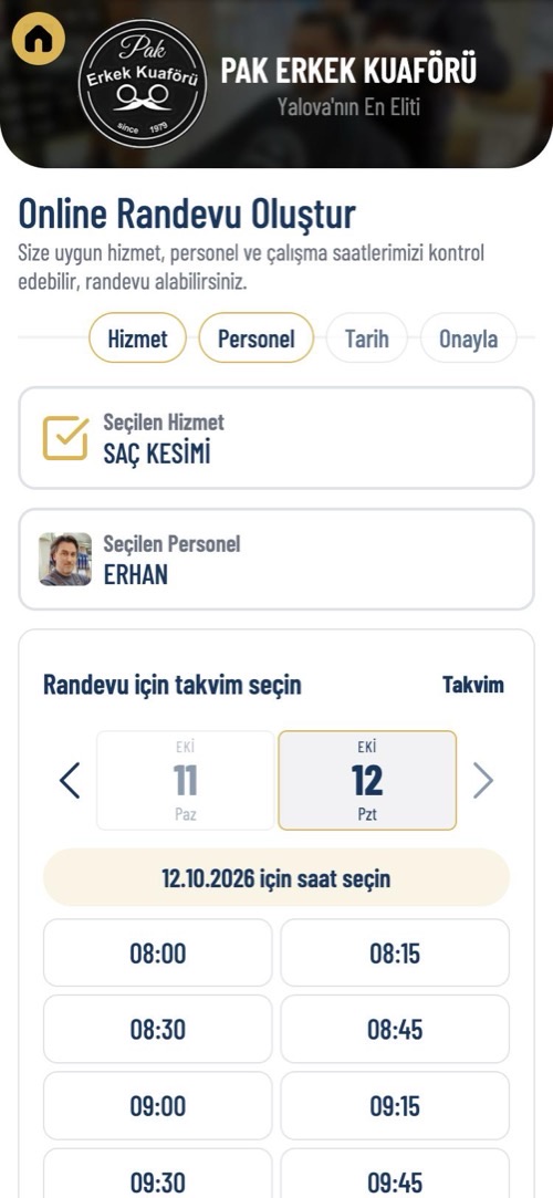 Randevu adımı: tarih ve saat seçimi