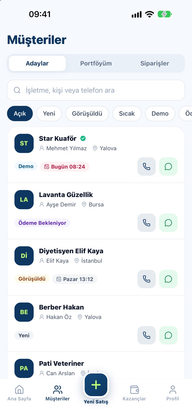 Partner uygulamasında aday listesi: durumlar, takip tarihleri, arama ve WhatsApp düğmeleri