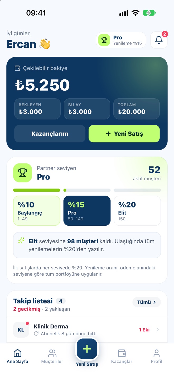 Partner uygulaması ana sayfası: çekilebilir bakiye, partner seviyesi ve takip listesi