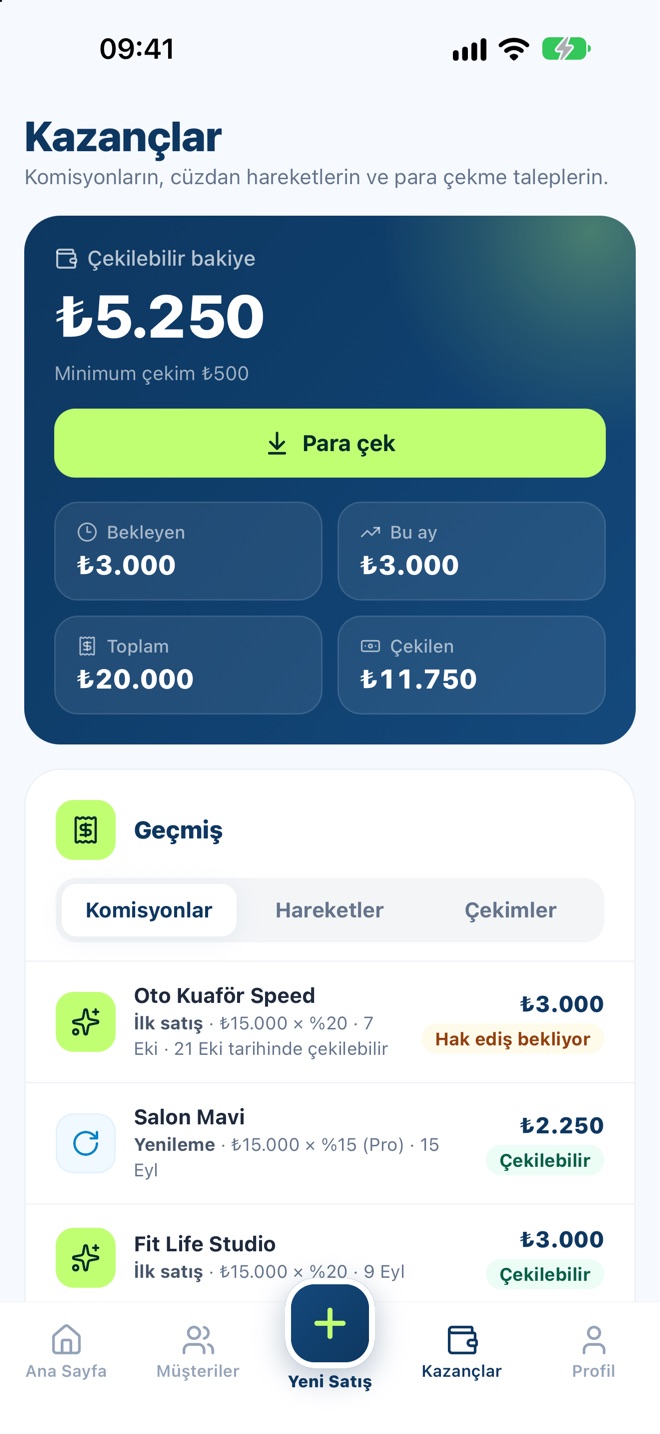 Partner uygulamasında kazançlar: bakiye, para çek ve komisyon geçmişi